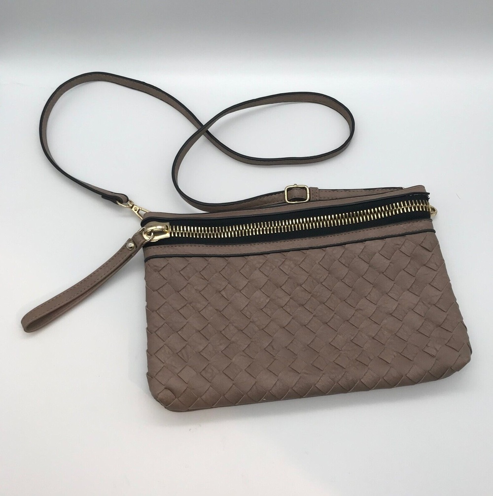 Madison West Crossbody Purse Taupe Woven Womens Wristlet Clutch Convertible Bag